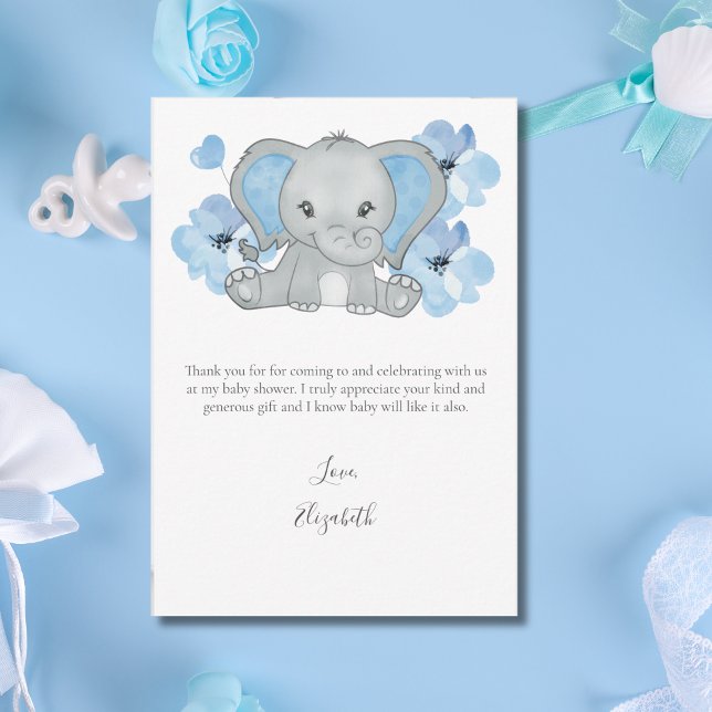 Tarjeta De Agradecimiento Elefante Azul Balón Flor Niño Niño Baby Shower (Blue Elephant Baby Shower Thank you Note cards for Boy Baby Shower)