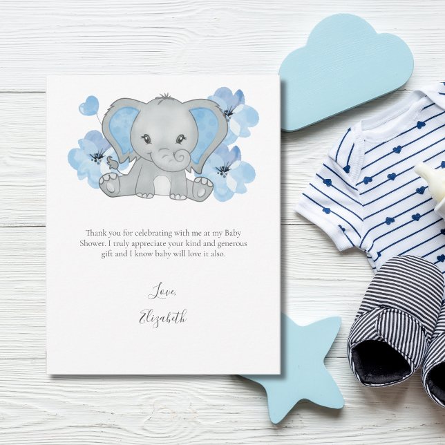 Tarjeta De Agradecimiento Elefante Azul Balón Flor Niño Niño Baby Shower (Blue Elephant Baby Shower Thank you cards For Boy Baby Shower)
