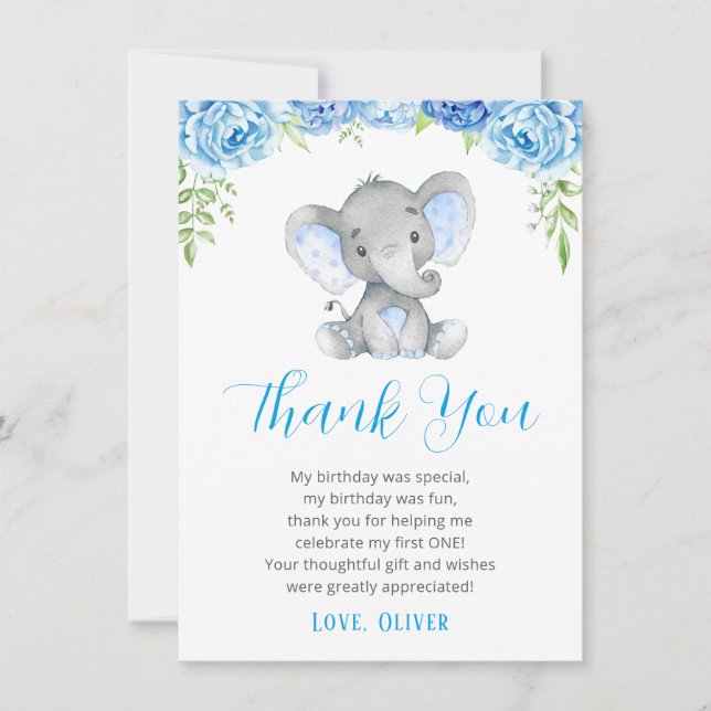 Tarjeta De Agradecimiento Elefante Azul Primer primer cumpleaños (Anverso)