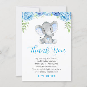 Tarjeta De Agradecimiento Elefante Azul Primer primer cumpleaños