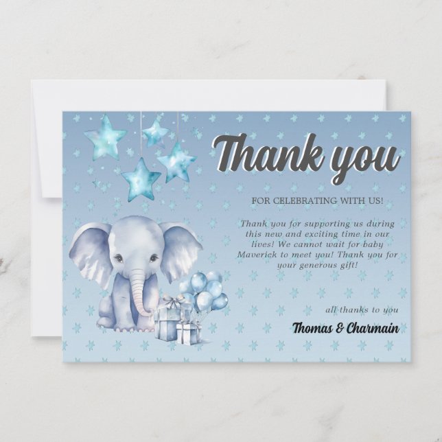 Tarjeta De Agradecimiento Elefante azul y Baby Shower en globo (Anverso)
