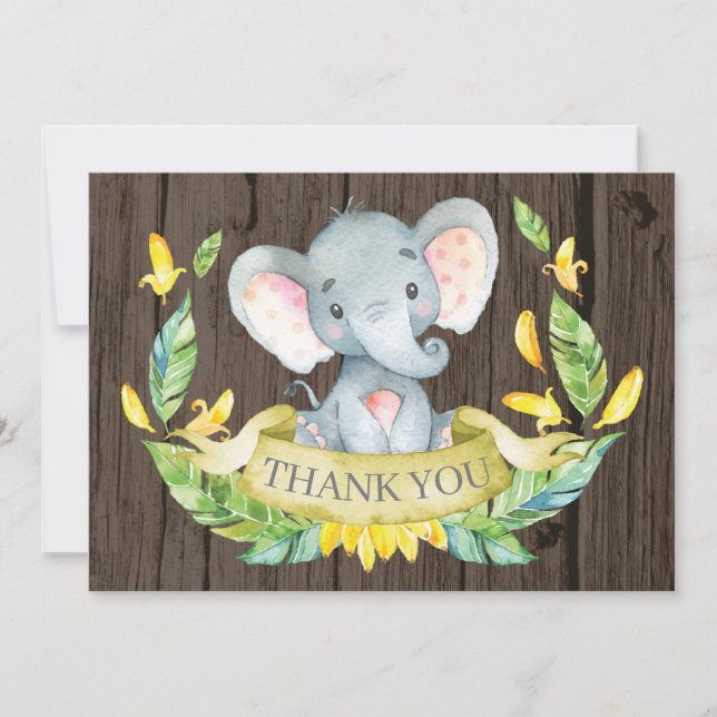 Tarjeta De Agradecimiento Elefante Bebé Amarillo y Gris Rústico Lindo (Anverso)