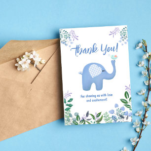 Tarjeta De Agradecimiento Elefante bebé con Baby Shower de pájaro canto