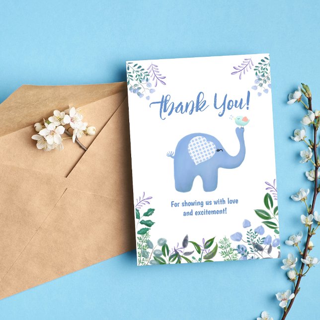 Tarjeta De Agradecimiento Elefante bebé con Baby Shower de pájaro canto (Subido por el creador)