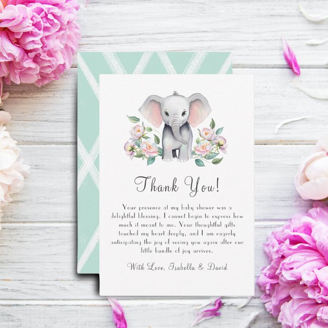 Tarjeta De Agradecimiento Elefante bebé con peones, retorno de eucalipto (Send your thanks to your guest for coming to your baby shower  with this charming thank you card. )