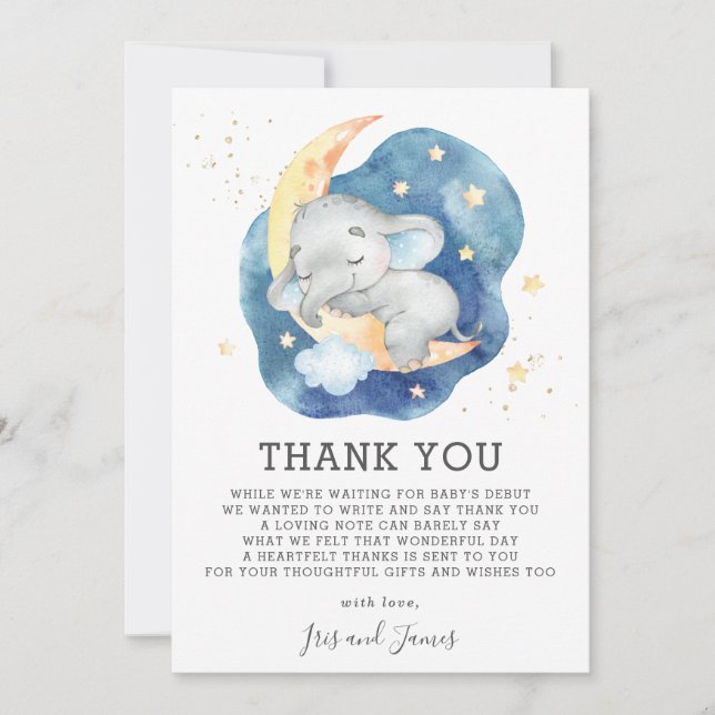 Tarjeta De Agradecimiento Elefante bebé durmiente Twinkle Star Shower Boy (Anverso)