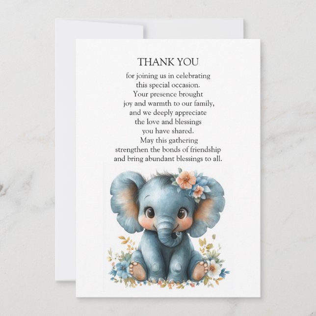 Tarjeta De Agradecimiento Elefante Bebé En Flores (Anverso)