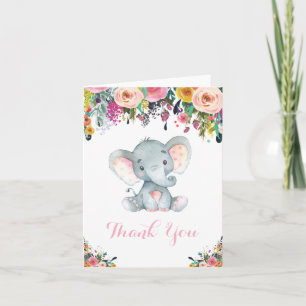 Tarjeta De Agradecimiento Elefante bebé niña lindo floral rosa y gris