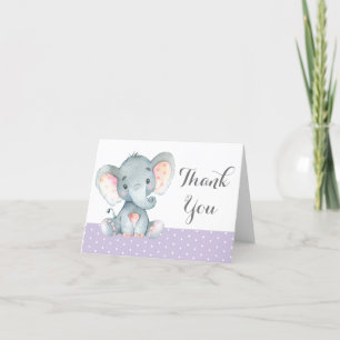 Tarjeta De Agradecimiento Elefante Bebé Niña Lindo Morado y Gris
