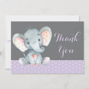 Tarjeta De Agradecimiento Elefante Bebé Niña Lindo Púrpura y Gris