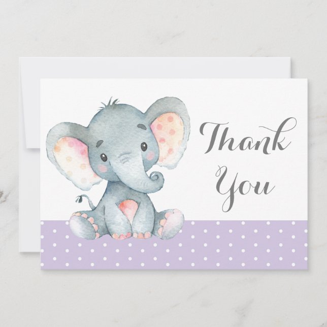 Tarjeta De Agradecimiento Elefante Bebé Niña Lindo Púrpura y Gris (Anverso)
