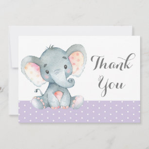 Tarjeta De Agradecimiento Elefante Bebé Niña Morado y Gris Adorable