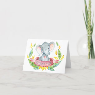Tarjeta De Agradecimiento Elefante Bebé Niña Rosa y Gris Adorable