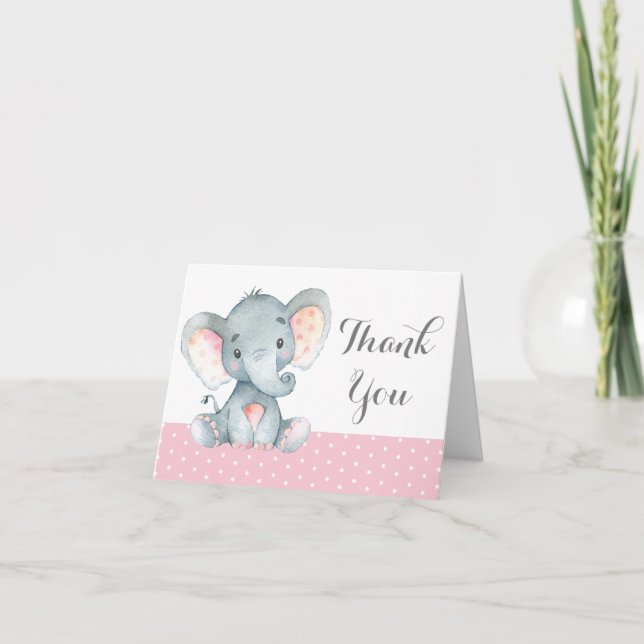 Tarjeta De Agradecimiento Elefante Bebé Niña Rosa y Gris Linda (Anverso)
