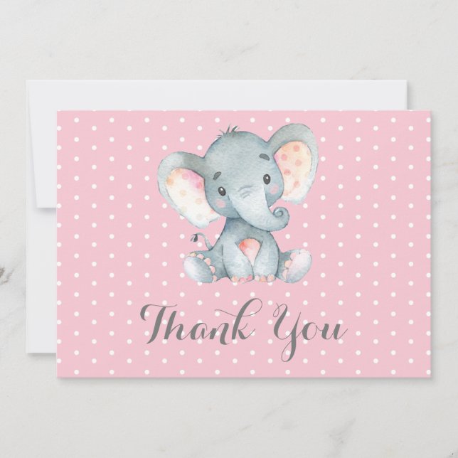 Tarjeta De Agradecimiento Elefante Bebé Niña Rosa y Gris Lindo (Anverso)