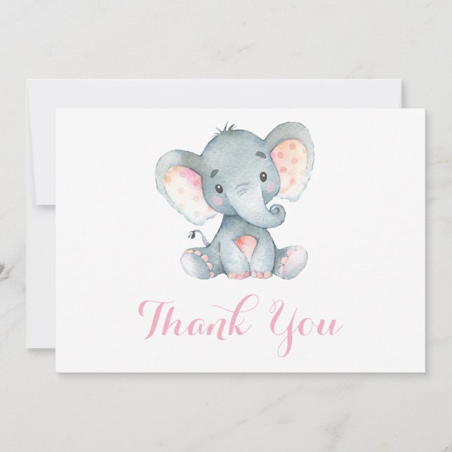 Tarjeta De Agradecimiento Elefante Bebé Niña Rosa y Gris Lindo (Anverso)