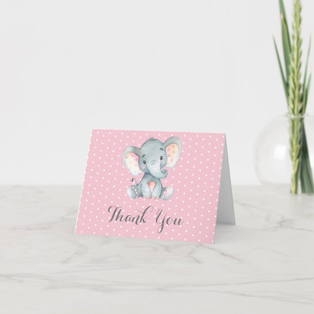 Tarjeta De Agradecimiento Elefante Bebé Niña Rosa y Gris Lindo (Anverso)