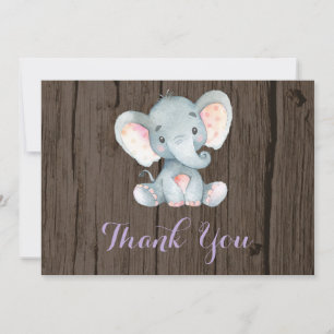 Tarjeta De Agradecimiento Elefante Bebé Niña Rosa y Gris Rústico Lindo