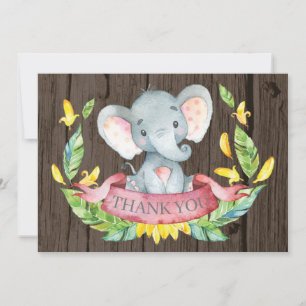Tarjeta De Agradecimiento Elefante Bebé Niña Rosa y Gris Rústico Lindo