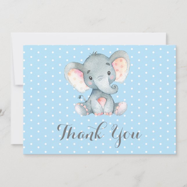 Tarjeta De Agradecimiento Elefante Bebé Niño Azul y Gris Lindo (Anverso)