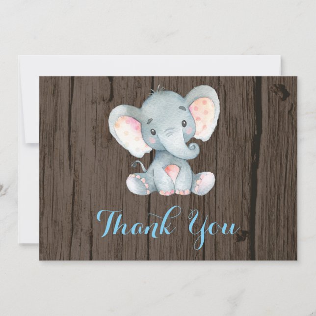 Tarjeta De Agradecimiento Elefante Bebé Niño Azul y Gris Lindo (Anverso)