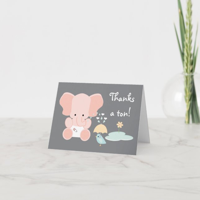 Tarjeta De Agradecimiento Elefante bebé rosa y Baby Shower de pájaros gracia (Anverso)