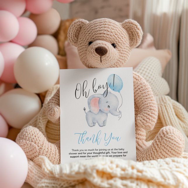 Tarjeta De Agradecimiento Elefante bebé y Baby Shower con globo azul (Subido por el creador)