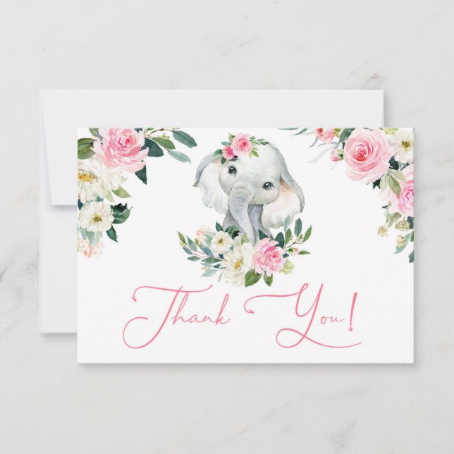 Tarjeta De Agradecimiento elefante chica brillante rosa brillante ducha de b (Anverso)