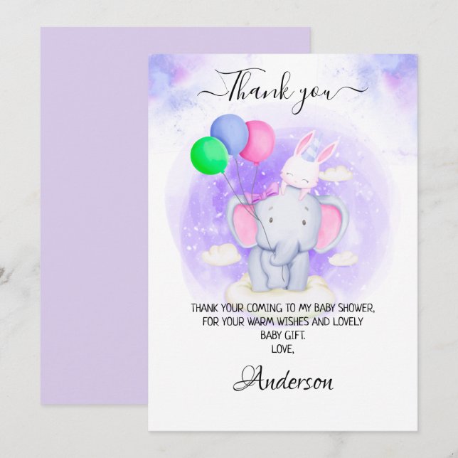 Tarjeta De Agradecimiento Elefante chica, conejo con globos Baby Shower (Anverso / Reverso)