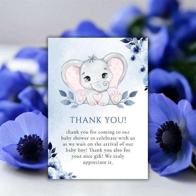 Tarjeta De Agradecimiento Elefante con Anemones Azules Chico Baby Shower (Elephant With Blue Anemones Boy Baby Shower Thank You Card)