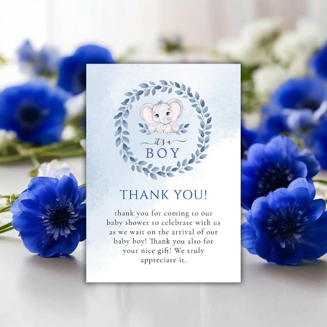 Tarjeta De Agradecimiento Elefante con Anemones Azules Chico Baby Shower (Elephant With Blue Anemones Boy Baby Shower Thank You Card)