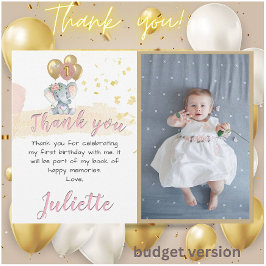 Tarjeta De Agradecimiento Elefante de Presupuestos Rosados Foto Primer Chica