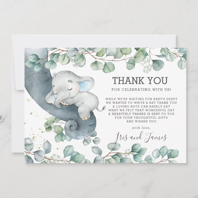 Tarjeta De Agradecimiento Elefante elefante de Moda rusa Baby Shower Boy (Anverso)