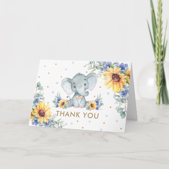 Tarjeta De Agradecimiento Elefante Floral Azul giratoria Baby Shower (Anverso)