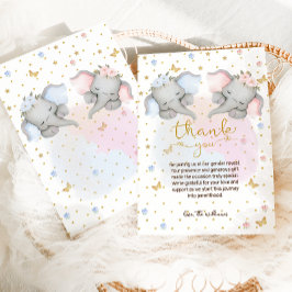 Tarjeta De Agradecimiento Elefante floral azul rosado revelado por género