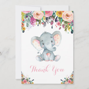 Tarjeta De Agradecimiento Elefante Floral Lindo Bebé Niña Rosa y Gris