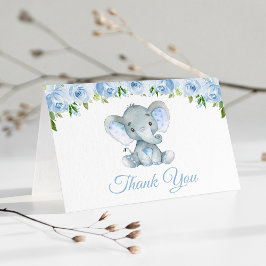 Tarjeta De Agradecimiento Elefante, flores de color azul, primer cumpleaños