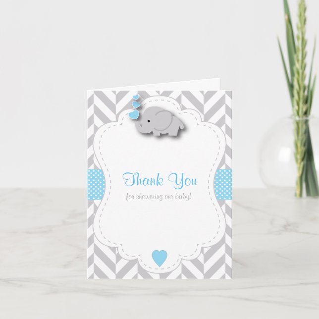 Tarjeta De Agradecimiento Elefante gris azul 🐘 Baby Shower Gracias (Anverso)