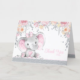 Tarjeta De Agradecimiento Elefante gris rosado Diamond Floral Baby Shower