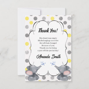Tarjeta De Agradecimiento Elefante gris y amarillo Polka Dot Baby Shower