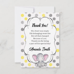 Tarjeta De Agradecimiento Elefante gris y amarillo Polka Dot Baby Shower