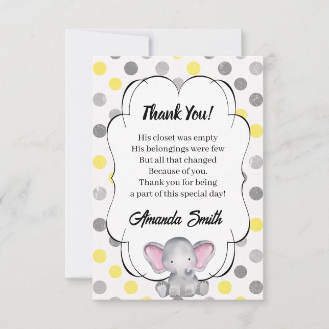 Tarjeta De Agradecimiento Elefante gris y amarillo Polka Dot Baby Shower (Anverso)