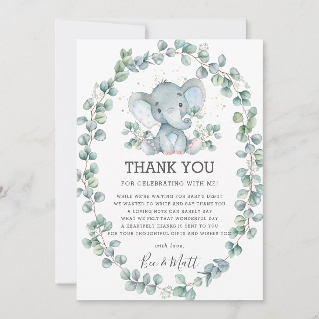 Tarjeta De Agradecimiento Elefante lindo Baby Shower Greenery Eucalyptus Boy (Anverso)
