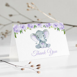 Tarjeta De Agradecimiento Elefante lindo, flores moradas, primer cumpleaños
