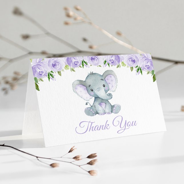 Tarjeta De Agradecimiento Elefante lindo, flores moradas, primer cumpleaños (Subido por el creador)