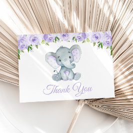 Tarjeta De Agradecimiento Elefante lindo, flores moradas, primer cumpleaños