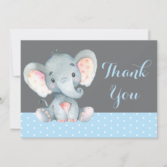 Tarjeta De Agradecimiento Elefante lindo niño bebé azul y gris (Anverso)
