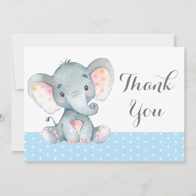 Tarjeta De Agradecimiento Elefante lindo niño bebé azul y gris (Anverso)