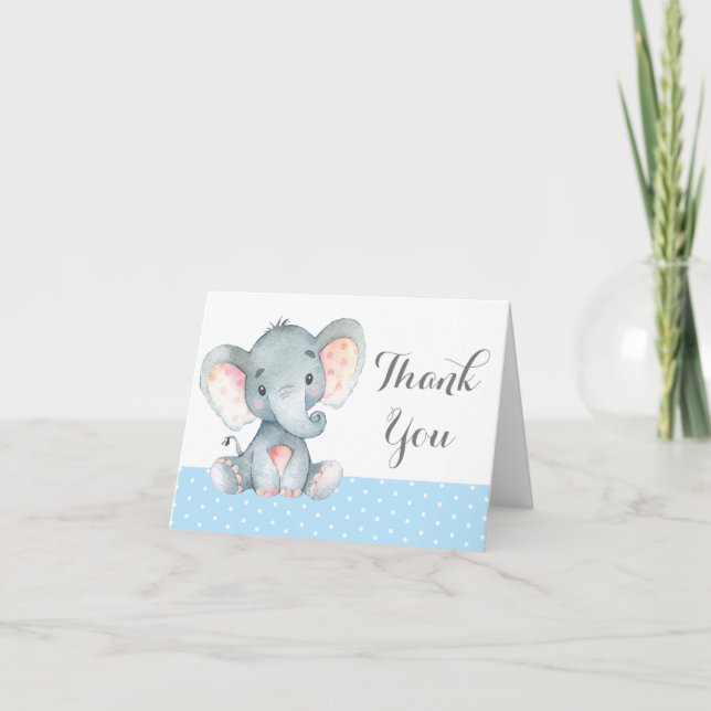 Tarjeta De Agradecimiento Elefante lindo niño bebé azul y gris (Anverso)