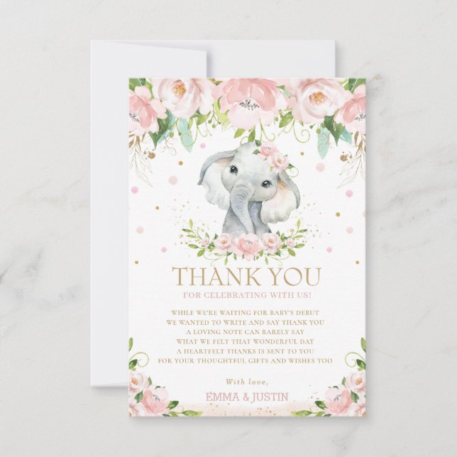 Tarjeta De Agradecimiento Elefante Moda Floral Rosa Baby Shower Primer cumpl (Anverso)